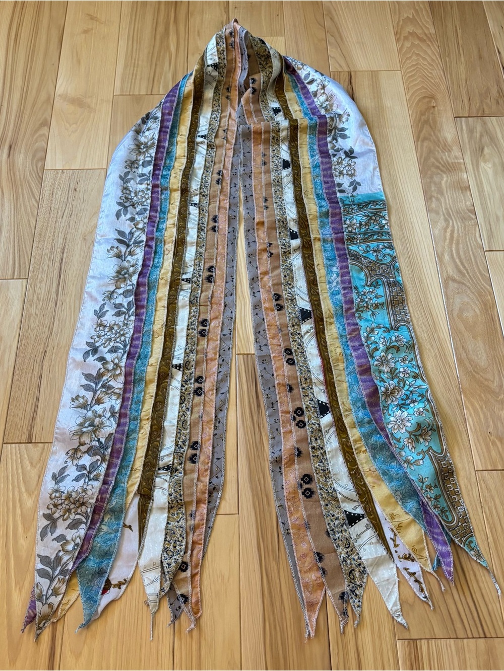 Vintage Boho Silk Blend Multicolor Layered Ribbon Patterned Scarf